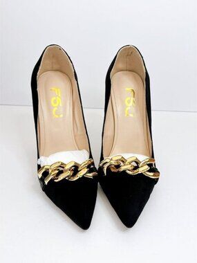 Size 7.5 Black Gold Chain Heel Pumps Pointed Toe Suede High Heels Elegant FSJ